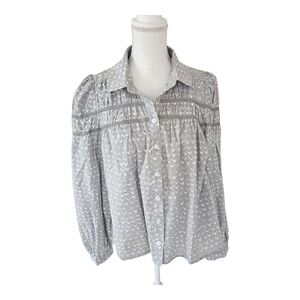 Listicle Gray Puff Sleeve Button Front Peasant Top
